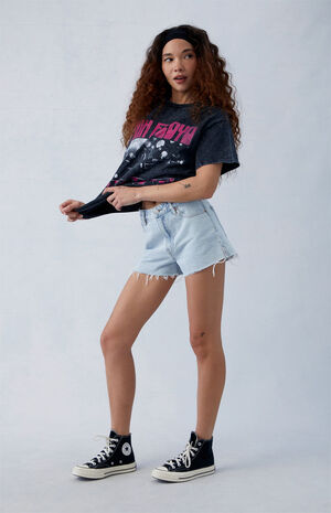 Eco Light Indigo Ripped Studded High Waisted Denim Festival Shorts image number 4