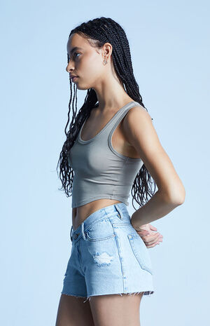 Eco Light Blue V-Dip Waistband Ripped Low Rise Denim Shorts image number 3
