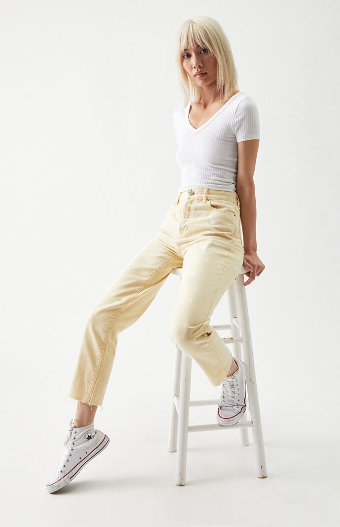 Tan Paint Splatter High Waisted Straight Leg Jeans