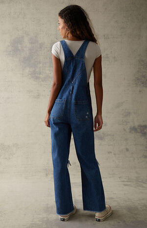 Dark Blue Ripped Denim Workwear Overalls image number 4