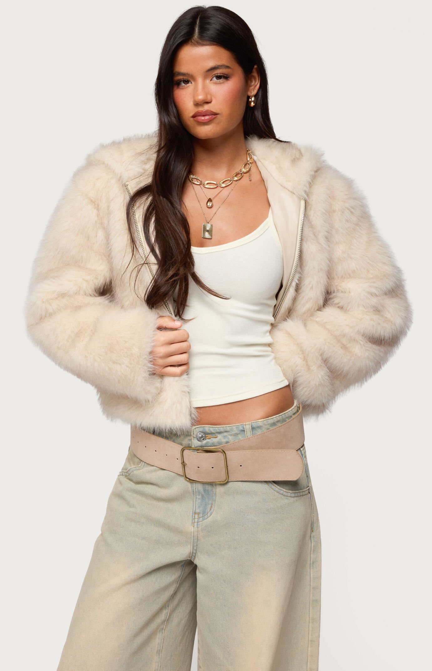 Edikted Beyonca Hooded Faux Fur Jacket