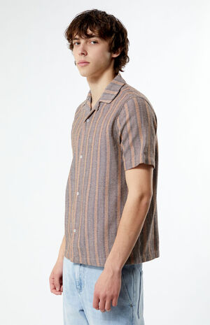 Brown Woven Striped Camp Shirt image number 3