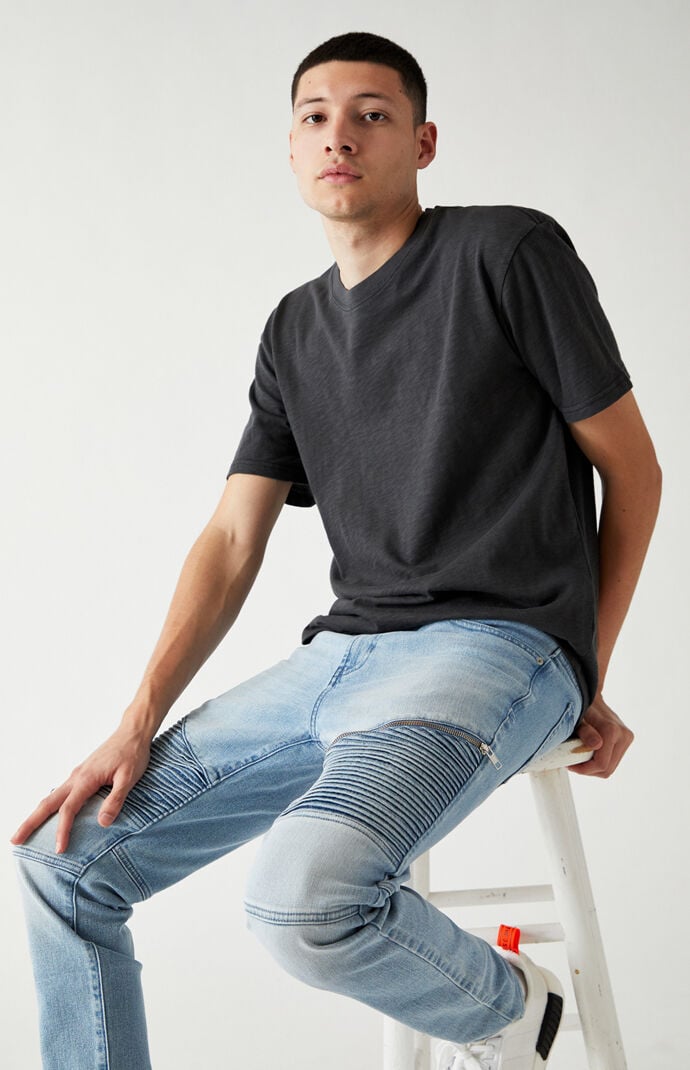 Light Indigo Biker Stacked Skinny Jeans