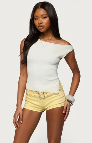 Myrah Asymmetric Off Shoulder Ribbed Knit Top image number 1