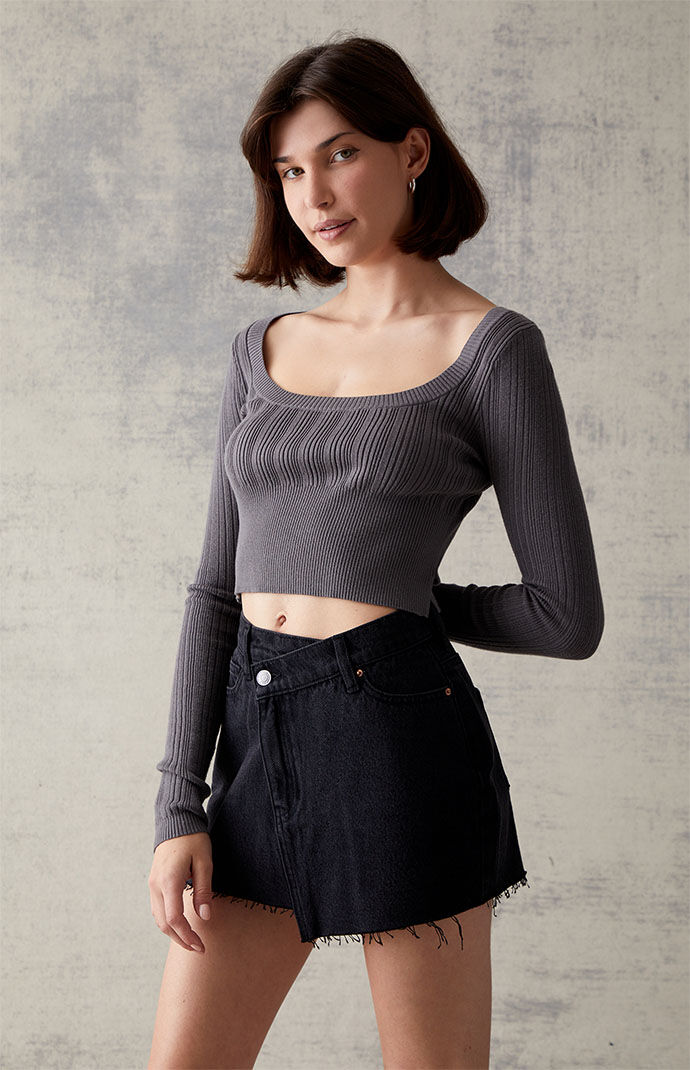 PacSun Black Asymmetrical Waistband Denim Mini Skirt PacSun