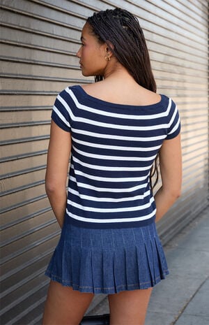 White & Blue Striped Off-The-Shoulder Knit Top image number 3