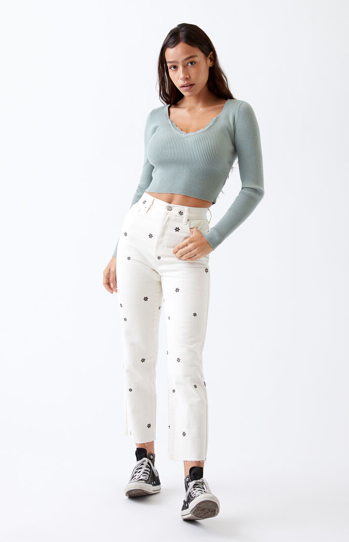 high rise white straight leg jeans