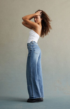 Dark Indigo Rhinestone High Waisted Baggy Jeans image number 6