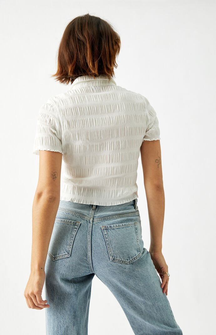 Shirred Smocked Button Down Shirt