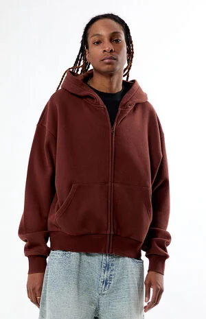 Brown Washed Full Zip Cropped Hoodie image number 1