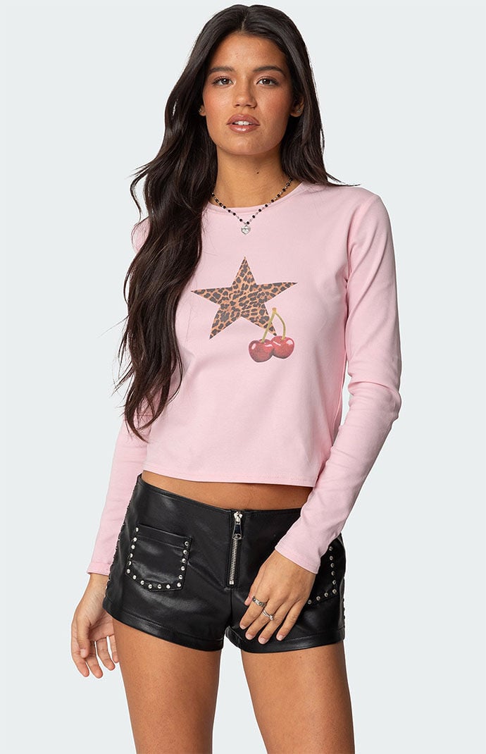 Edikted Cherry Leopard Star Long Sleeve T-Shirt