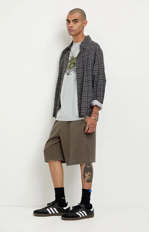 Washed Brown Fleece Raw Baggy Sweat Shorts image number 1