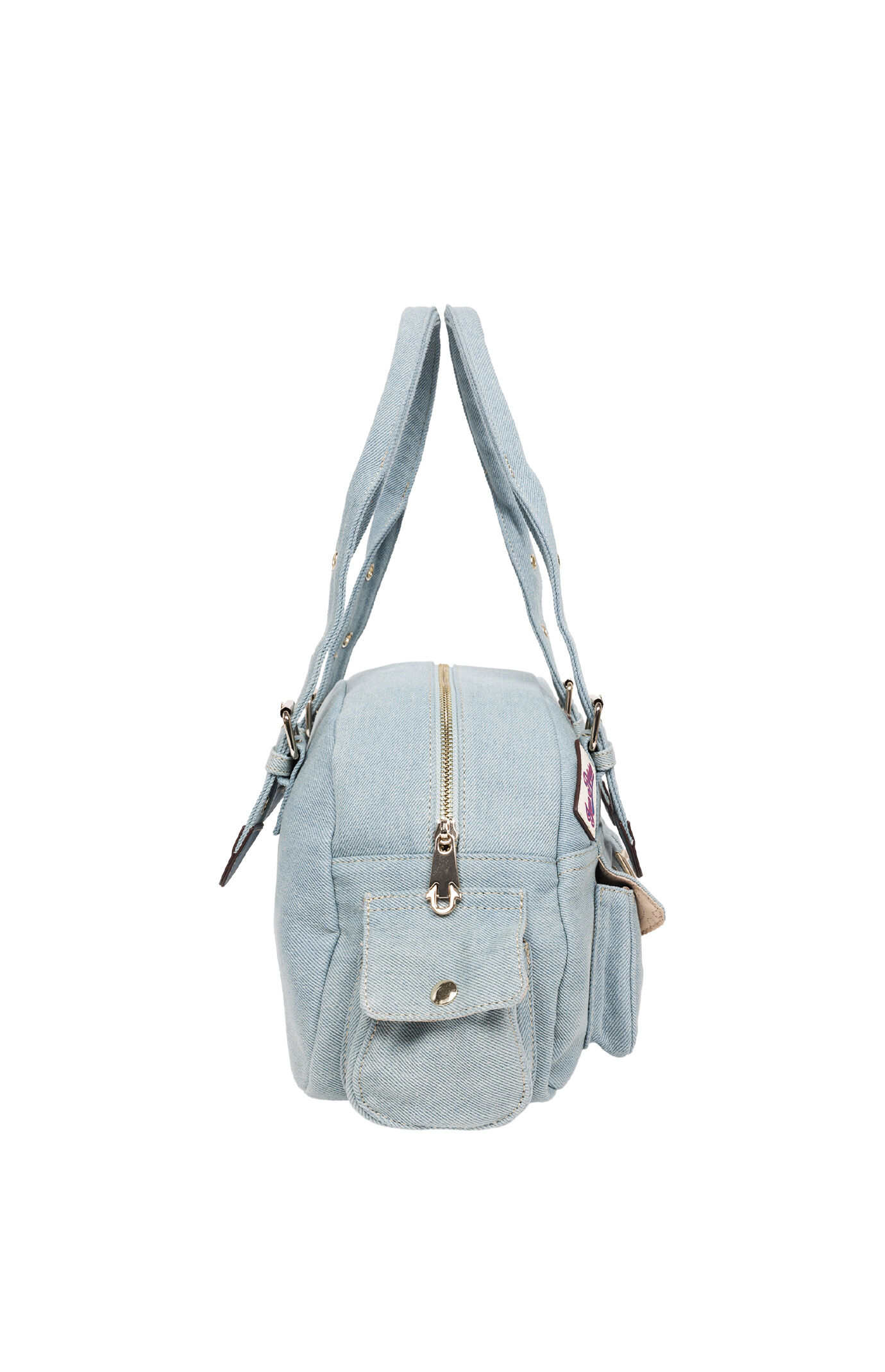 True Religion Blue Denim Multi Patch Satchel Bag