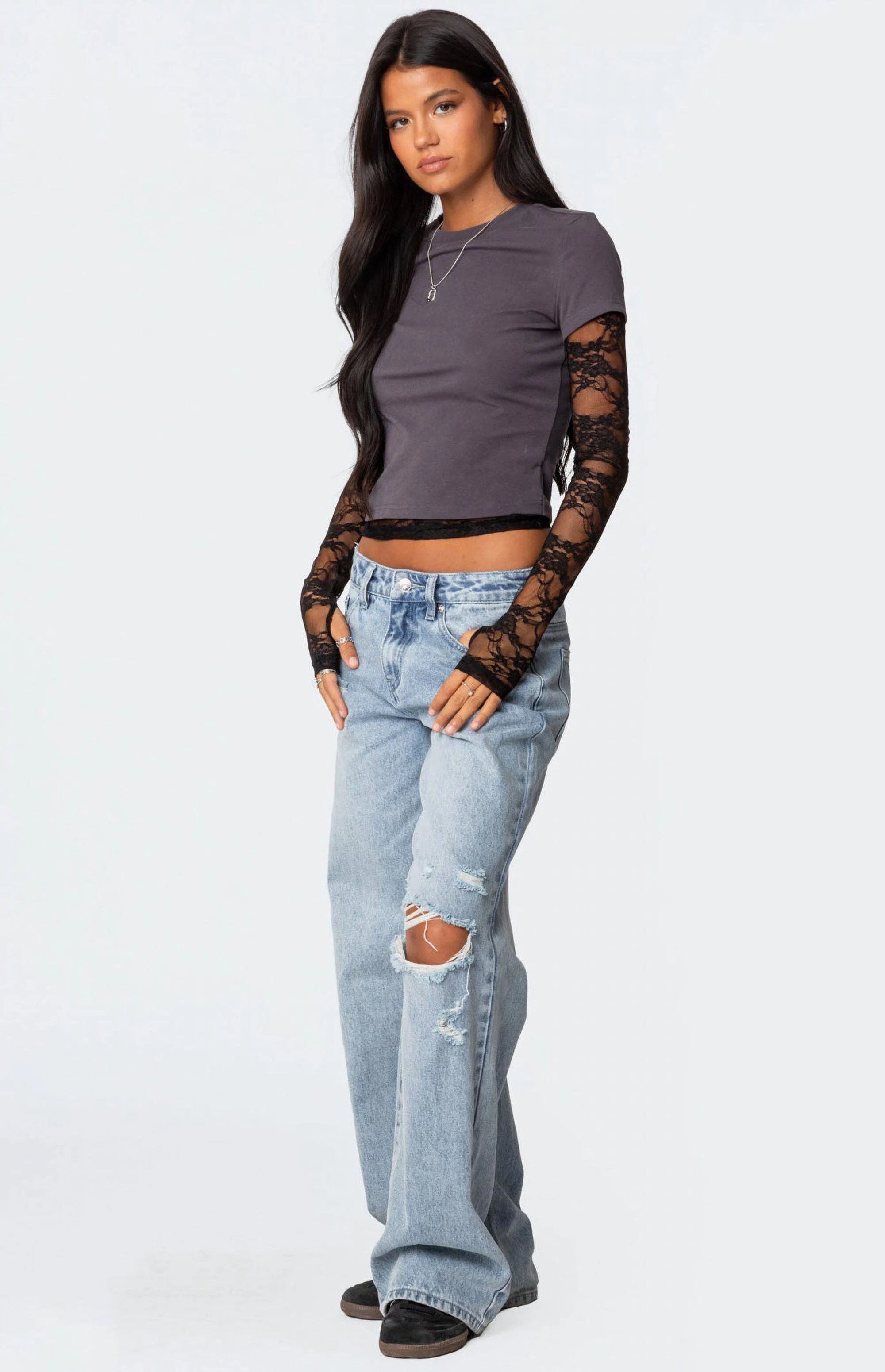 Lace Detail Long Sleeve Knitted T-Shirts