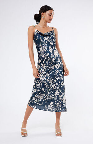 Floral Satin Cowl Neck Midi Dress image number 2