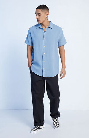 Blue Textured Classic Camp Shirt image number 4