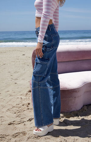 Dark Blue Mid Rise Fitted Cargo Flare Jeans image number 4