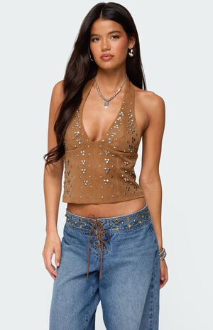 Xaria Studded Faux Suede Halter Top image number 1