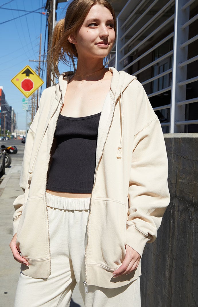 Beige zip hoodie new arrivals