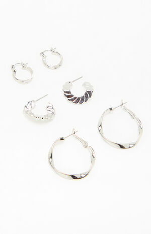 3 Pack Silver Textured Hoop Earrings image number 2