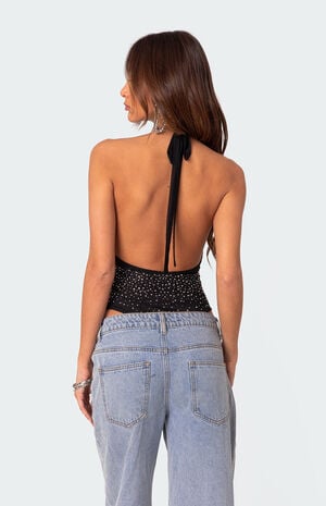 Open Back Mesh Rhinestone Bodysuit image number 4