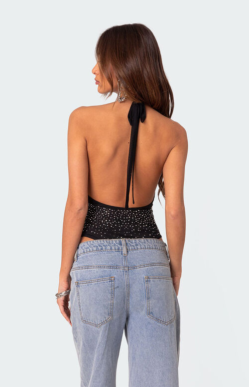 Open Back One Shoulder Spliced Mesh Bodysuit