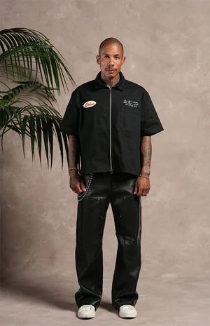 Zip Up Short Sleeve Cropped Oversized Shirt image number 2