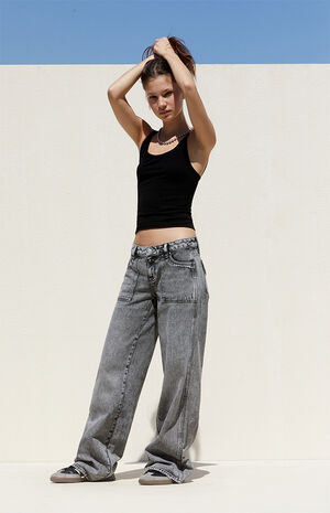Gray Acid Wash Low Rise Baggy Jeans image number 2