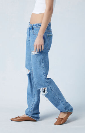 Eco Medium Indigo Ripped Low Rise Straight Leg Jeans image number 3