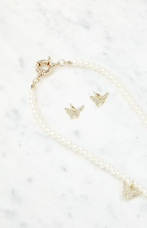 Pearl Butterfly Earrings & Necklace Bundle image number 4