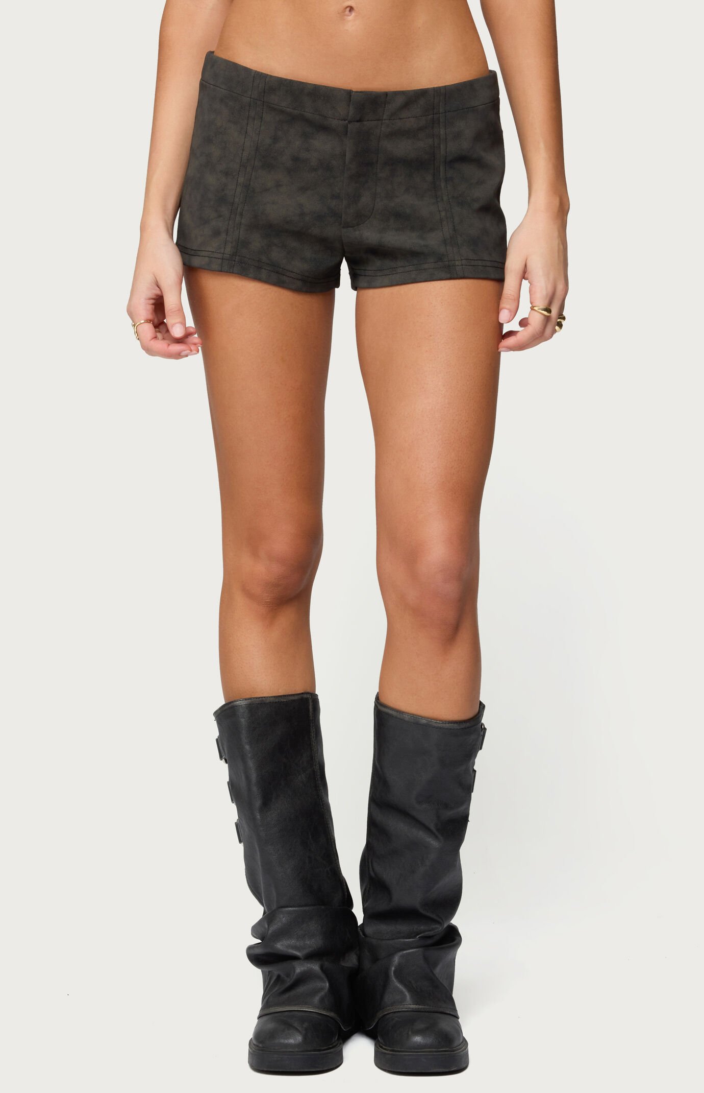 Edikted Taia Distressed Faux Leather Micro Shorts