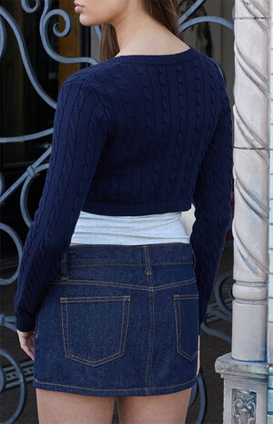 Blue Cable Knit Cropped Cardigan image number 3