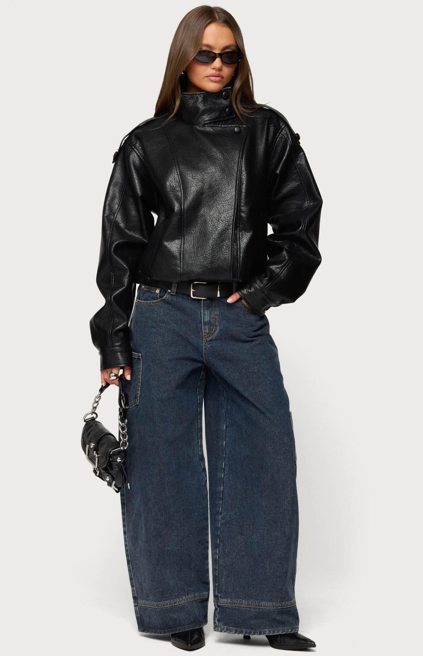 Edikted Jaicee High Neck Oversized Faux Leather Jacket | Pacsun