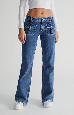 Medium Blue Low Rise Cargo Flare Jeans image number 1