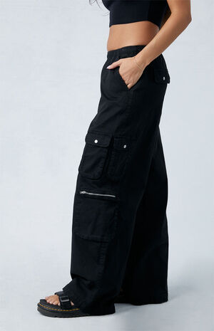 Black Draped Low Rise Wide Leg Cargo Pants image number 3