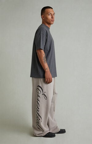Smoke Grey Script Logo Lounge Fleece Baggy Sweatpants image number 2
