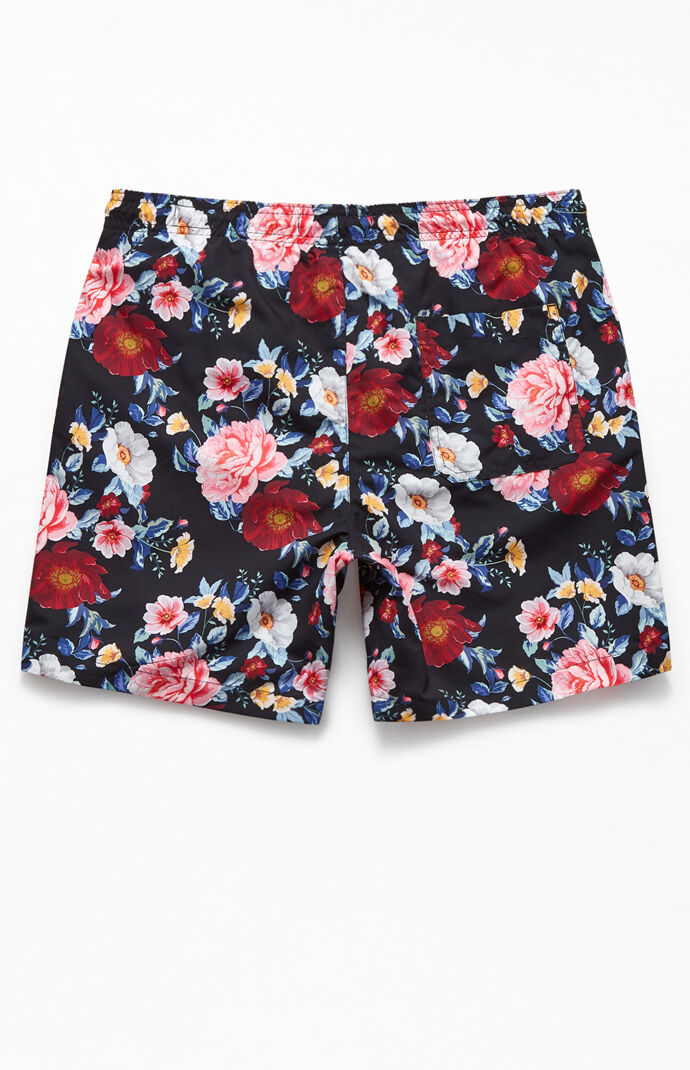 Black Floral 17" Swim Trunks