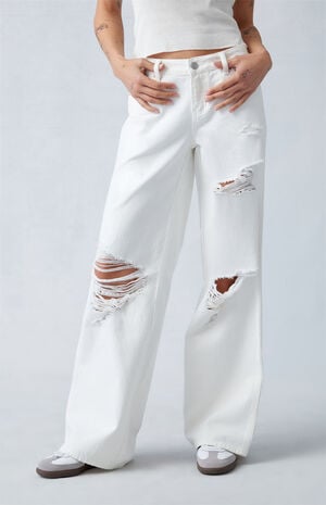 Eco White Ripped Low Rise Baggy Jeans image number 2