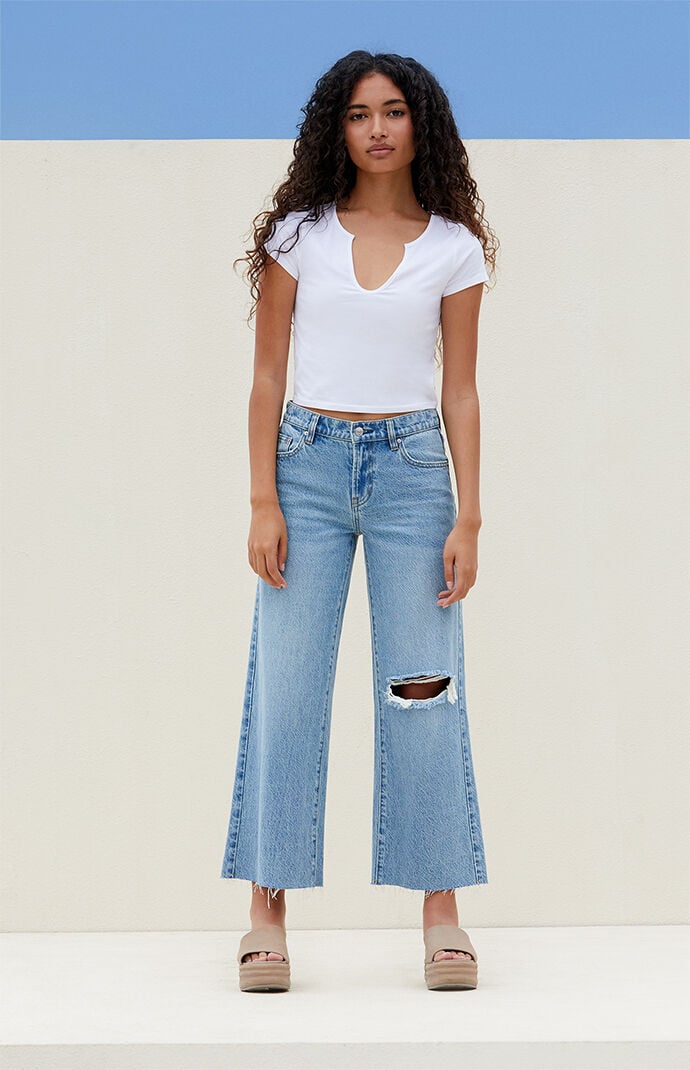 Pacsun Medium Indigo Ripped Cropped Wide Leg Jeans | Pacsun