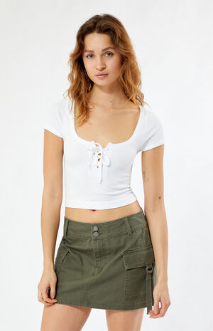 Lace-Up Waffle Knit T-Shirt image number 1