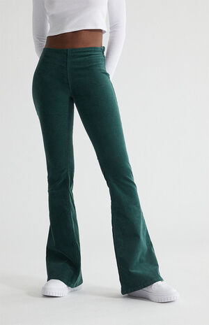 Green Corduroy Low Rise Flare Pants image number 3