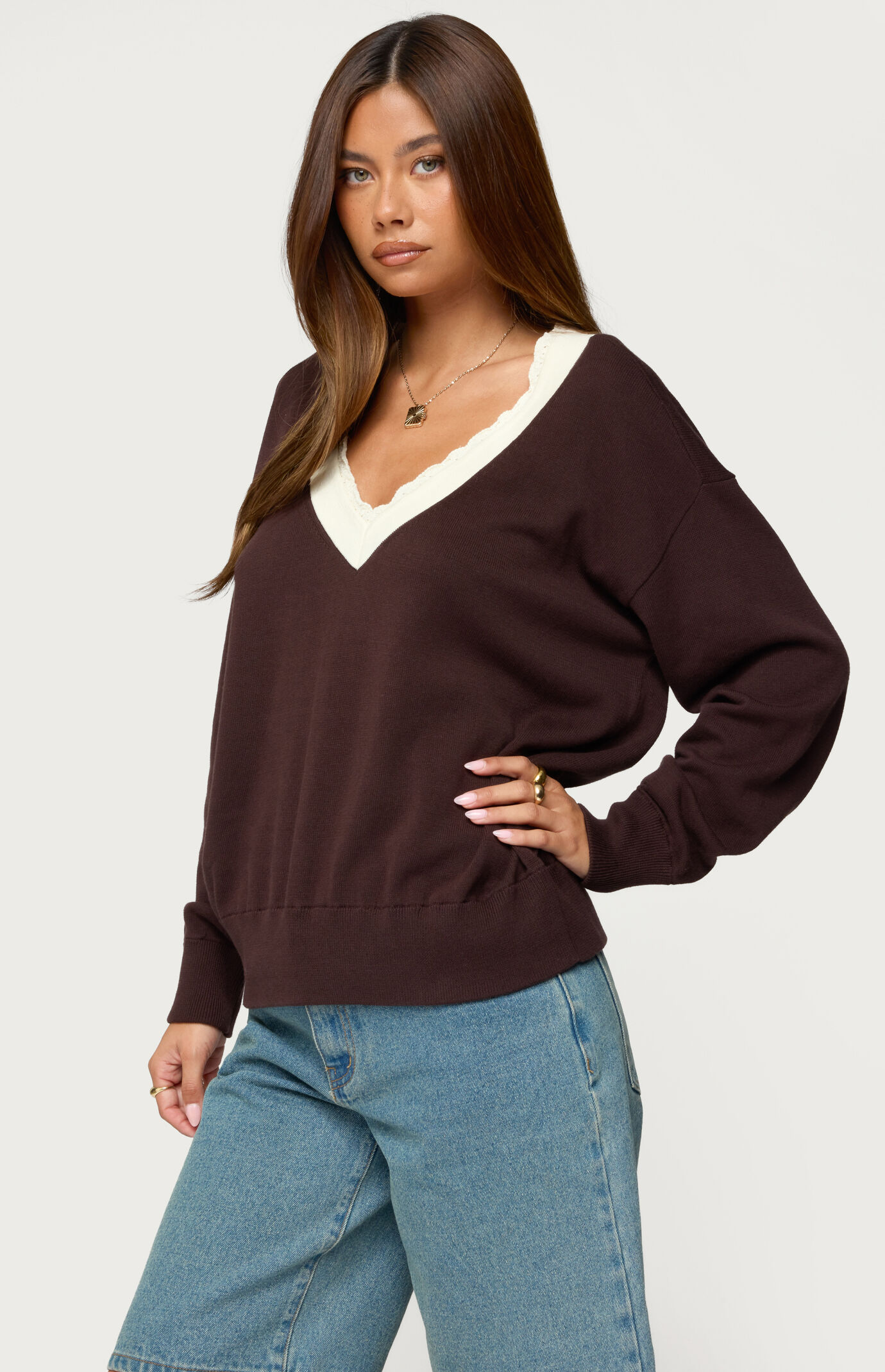 Edikted Marie Contrast Lacey V Neck Sweater