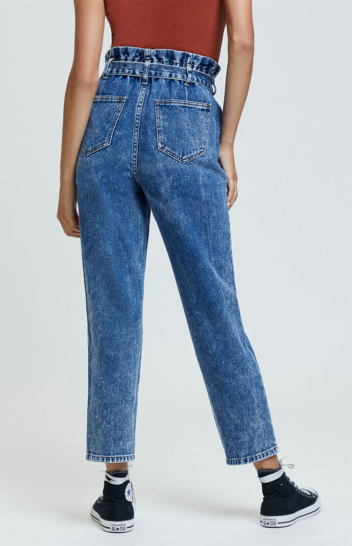 Cinched Blue Paperbag Mom Jeans