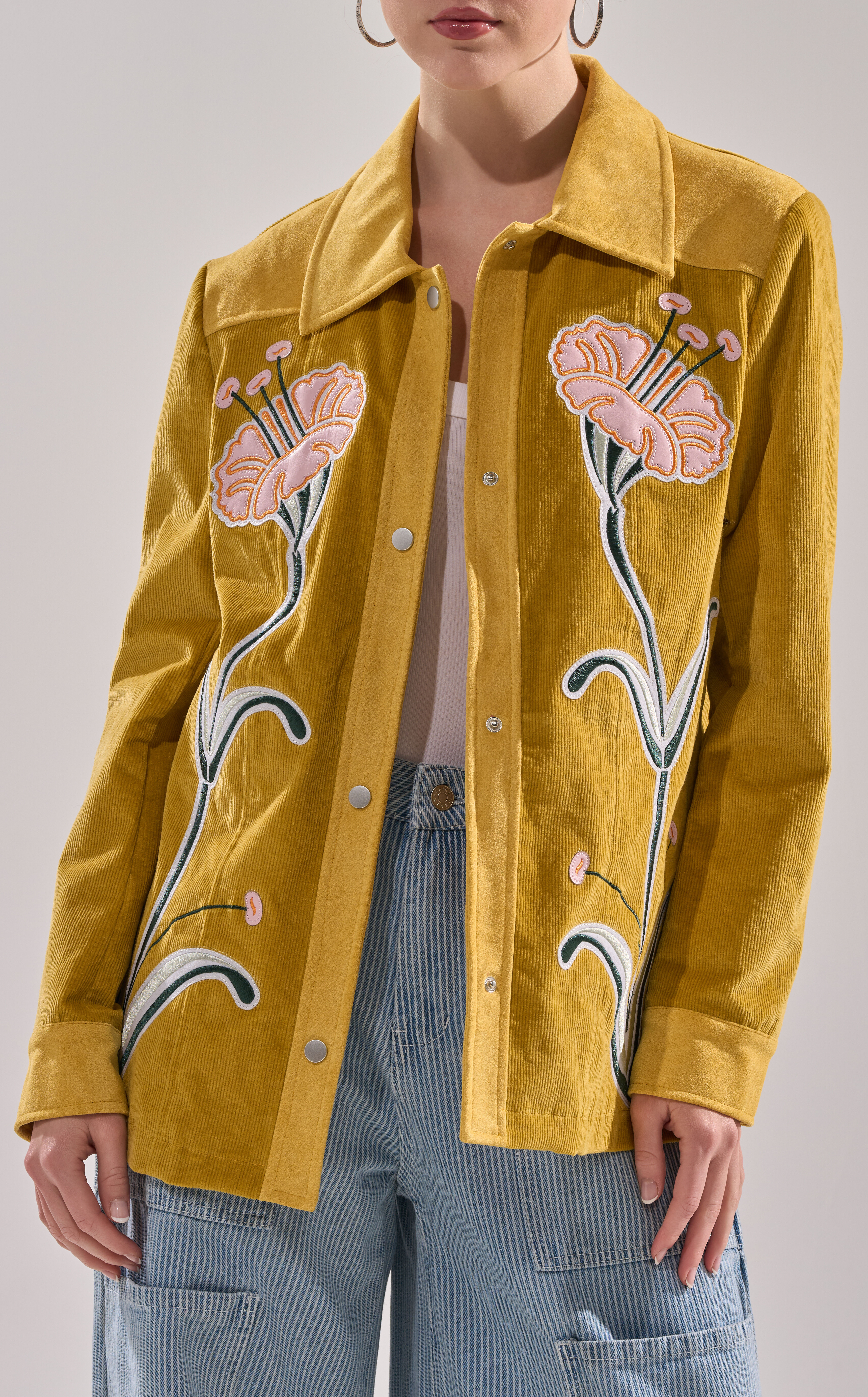AZALEA WANG Geraldine Mustard Floral Embroidered Corduroy Jacket