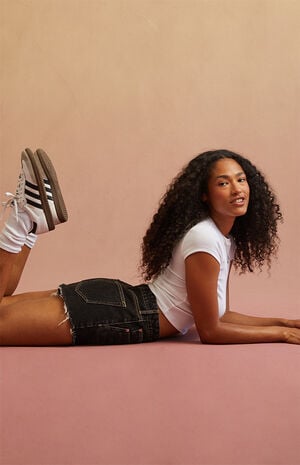 Black Frayed High Waisted Denim Festival Shorts image number 5