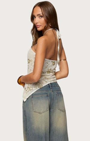 Beaded Sequin Asymmetric Halter Top image number 3