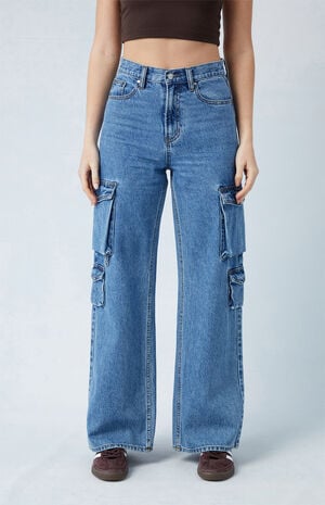 Medium Indigo Wide Leg Cargo Jeans image number 2