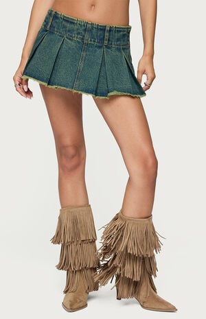 Frayed Pleated Denim Mini Skort Frayed Pleated Denim Mini Skort image number 1