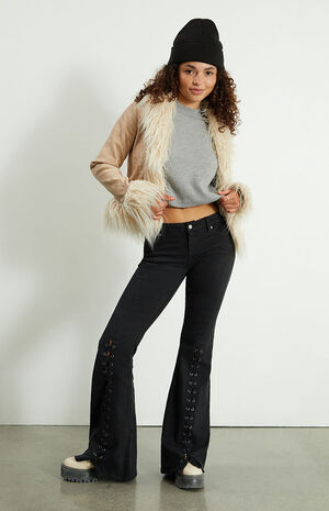 Black Lace-Up Low Rise Flare Jeans image number 2