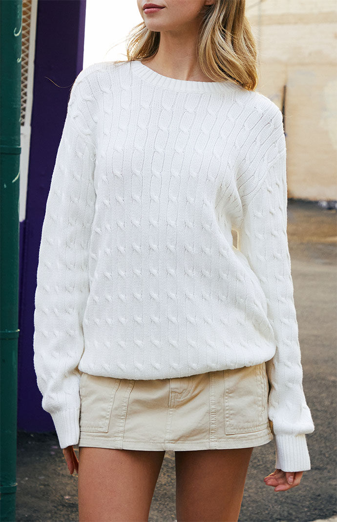 John Galt White Cable Knit Sweater PacSun